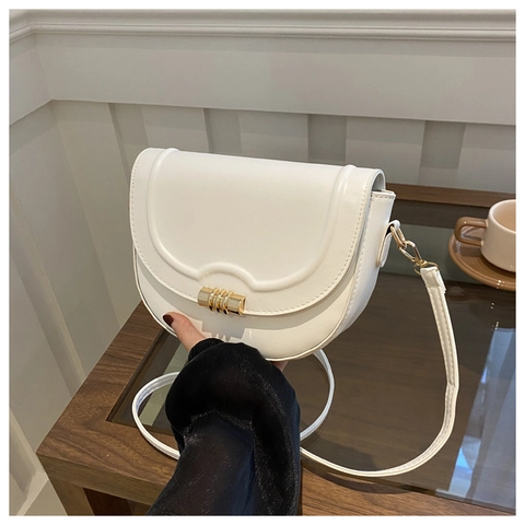 Women Semicircle Saddle Bag PU Leather Gold Metal Buckle Adjustable Strap Retro Crossbody Shoulder Purse Minimalist Daily