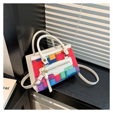 Borsa Quadrata Piccola in Pelle PU con Motivo Geometrico a Pixel Colorati per Donna con Manico Superiore Nappa Cerniera Borsa a Tracolla