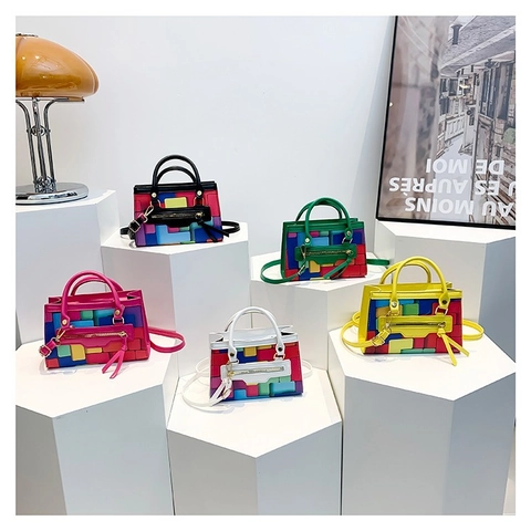 Borsa Quadrata Piccola in Pelle PU con Motivo Geometrico a Pixel Colorati per Donna con Manico Superiore Nappa Cerniera Borsa a Tracolla