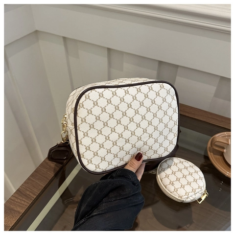 Borsa a Tracolla Vintage con Monogramma E Pochette Rotonda Da Donna Pelle PU Tracolla Larga In Tessuto Borsa a Spalla Retrò
