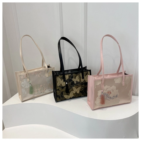 Borsa Tote in Raso con Ricamo Stile Cinese da Donna Vintage Floreale Farfalla Tracolla con Nappa Borsa a Mano di Lusso Quotidiana