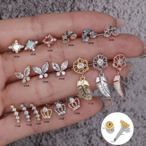 Stainless Steel Post Zirconia Stud Earrings Butterfly Feather Crown Rainbow Cartilage Piercing Jewelry For Women Gold Silver