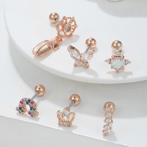 Stainless Steel Post Zirconia Stud Earrings Butterfly Feather Crown Rainbow Cartilage Piercing Jewelry For Women Gold Silver