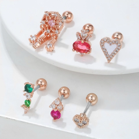 Edelstahl Stift Kupfer Zirkonia Herz Krone Helix Piercing Ohrstecker Für Damen Koreanischer Süßer Modeschmuck Gold Roségold Silberton