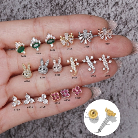 18K Gold Plated Copper Rabbit Gecko Animal Cartilage Stud Earrings Zirconia Inlaid Screw Back Piercing Jewelry For Women