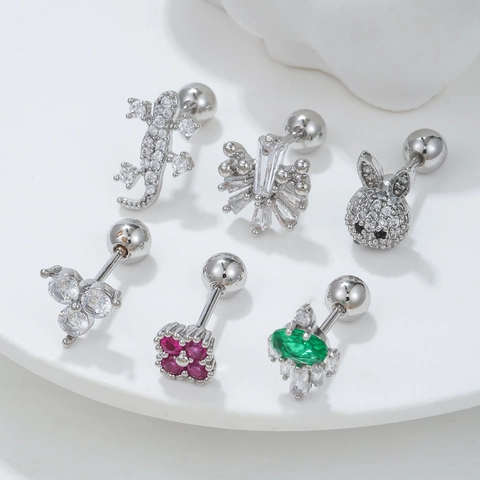 18K Gold Plated Copper Rabbit Gecko Animal Cartilage Stud Earrings Zirconia Inlaid Screw Back Piercing Jewelry For Women