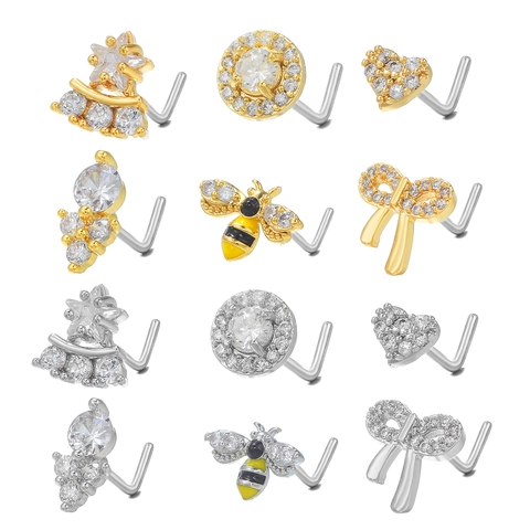 Piercing de Nariz en Forma de L de Cobre con Zirconia Poste de Acero Inoxidable Corazón Mariposa Abeja Joyas de Cuerpo Mujer