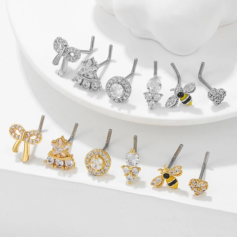 Piercing de Nariz en Forma de L de Cobre con Zirconia Poste de Acero Inoxidable Corazón Mariposa Abeja Joyas de Cuerpo Mujer