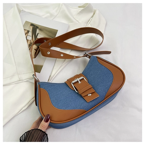 Retro Denim Patchwork Crescent Underarm Bag For Women With Adjustable PU Strap Contrast Color French Style Buckle Bag