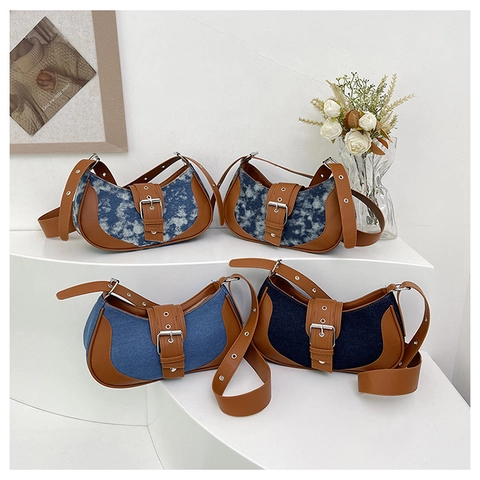 Retro Denim Patchwork Crescent Underarm Bag For Women With Adjustable PU Strap Contrast Color French Style Buckle Bag