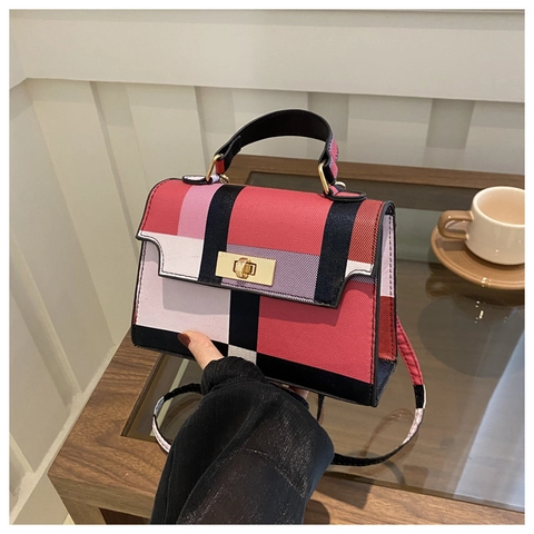 Borsa Quadrata Patchwork da Donna a Quadri Colorata Borsa a Tracolla Con Chiusura a Girello in Metallo Piccola Borsa in Pelle PU
