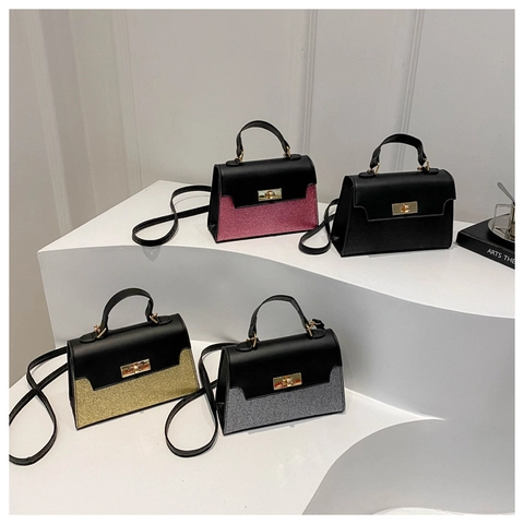 Women Colorblock Glitter PU Leather Handbag Gold Twist Lock Small Square Shoulder Crossbody Bag Fashion Evening Party Purse
