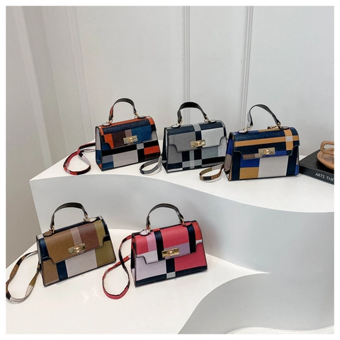 Borsa Quadrata Patchwork da Donna a Quadri Colorata Borsa a Tracolla Con Chiusura a Girello in Metallo Piccola Borsa in Pelle PU