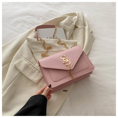 Women PU Leather Shoulder Bag With Chain Strap Metal Tassel Elegant Small Square Crossbody Bag For Daily Commute