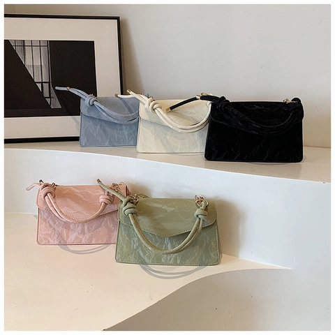 Women Wrinkled Texture PU Leather Shoulder Bag With Knot Handle Simple Square Flap Handbag Crossbody Bag For Daily Travel