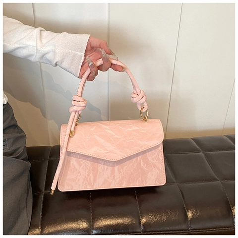 Women Wrinkled Texture PU Leather Shoulder Bag With Knot Handle Simple Square Flap Handbag Crossbody Bag For Daily Travel