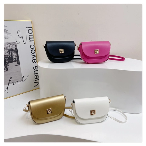 Women PU Leather Semi-Circle Saddle Shoulder Bag With Gold Square Metal Buckle Minimalist Flap Crossbody Bag For Daily Commute