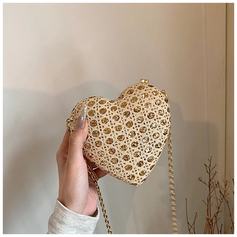 Bolso de Noche para Mujer Forma de Corazón Lentejuelas Strass Lujo Mini Bolso de Hombro con Cadena Fiesta Boda Cartera