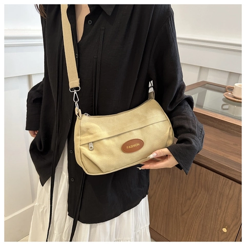 Canvas Crossbody Shoulder Bag Women Vintage Wide Adjustable Strap Casual Underarm Purse Fashion Patch Zipper