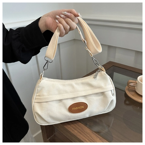 Canvas Crossbody Shoulder Bag Women Vintage Wide Adjustable Strap Casual Underarm Purse Fashion Patch Zipper