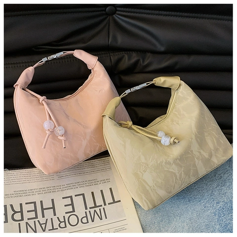 Borsa Hobo da Donna in Pelle PU Increspata Minimalista Chic Borsa a Mano Con Perline a Coulisse Borsa a Tracolla per Donna