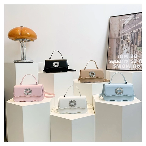 Women Rhinestone Lock Shoulder Bag Wave Edge PU Leather Crossbody Bag Elegant Square Handbag For Party Wedding Daily Accessory
