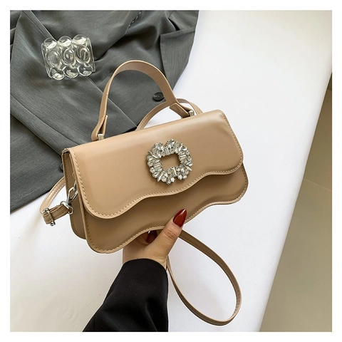Women Rhinestone Lock Shoulder Bag Wave Edge PU Leather Crossbody Bag Elegant Square Handbag For Party Wedding Daily Accessory