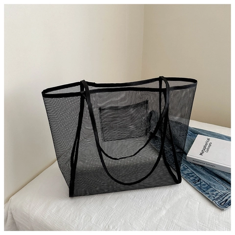 Women Mesh Tote Bag Large Capacity Hollow Out Shoulder Bag Lightweight Breathable Beach Shopping Handbag Casual Minimalist Travel Bag