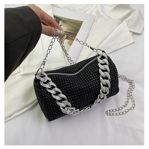 Damen Vollständig Strass Zylinder Abendtasche Funkelnde Kristall Schultertasche Luxus Kette Party Bankett Umhängetasche