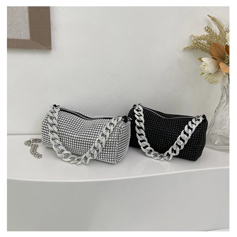 Damen Vollständig Strass Zylinder Abendtasche Funkelnde Kristall Schultertasche Luxus Kette Party Bankett Umhängetasche
