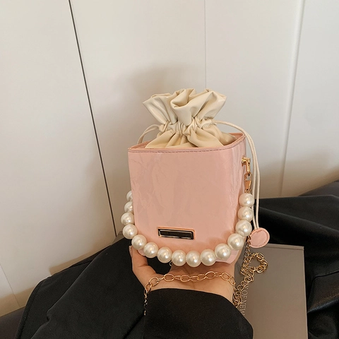 Fashion Women Mini Bucket Crossbody Bag PU Leather With Artificial Pearl Handle Gold Chain Strap Drawstring Stylish Purse