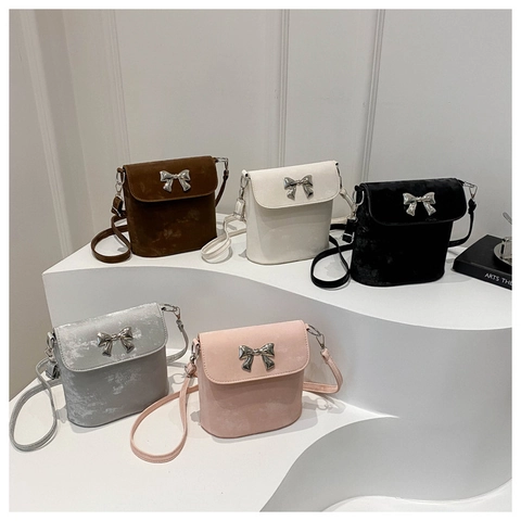 Women Vintage Bowknot Bucket Bag Small Suede Texture PU Leather Shoulder Crossbody Bag With Metal Decoration For Daily Date