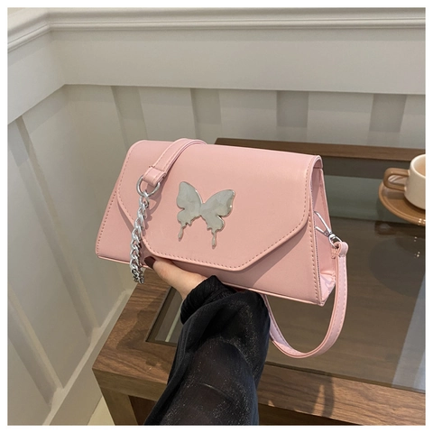Women Crossbody Bag PU Leather Butterfly Buckle Silver Chain Shoulder Square Purse Elegant Urban Simple Versatile