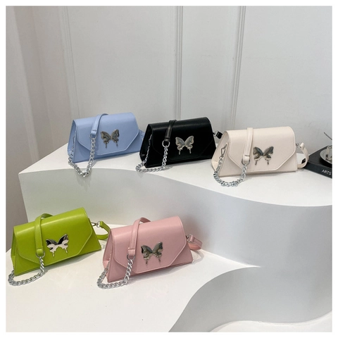 Women Crossbody Bag PU Leather Butterfly Buckle Silver Chain Shoulder Square Purse Elegant Urban Simple Versatile