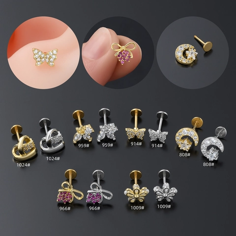 Labret Pendiente Cartilago Trago Joyeria Piercing Cobre Chapado Oro 18K Zircon Mariposa Estrella Luna Parte Posterior Plana