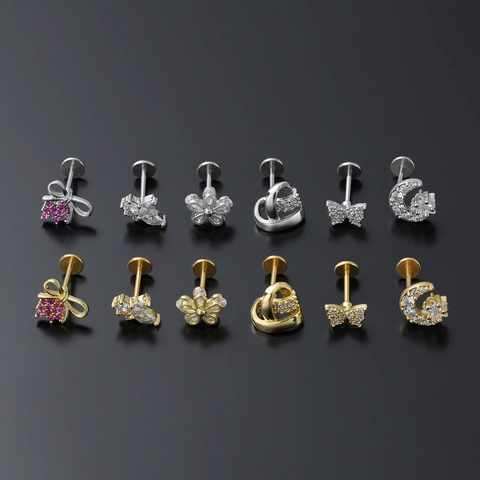 Labret Pendiente Cartilago Trago Joyeria Piercing Cobre Chapado Oro 18K Zircon Mariposa Estrella Luna Parte Posterior Plana