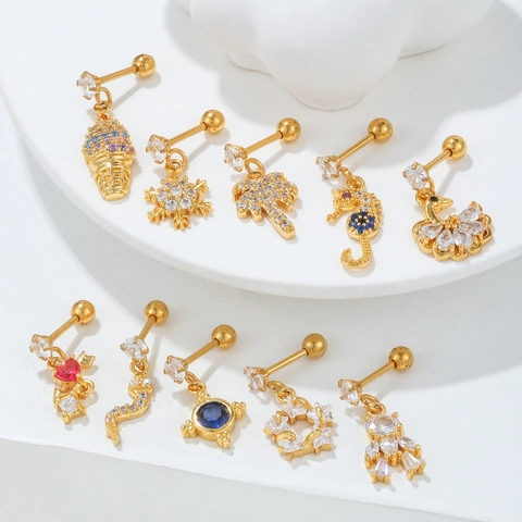 Fashion Zircon Stud Earrings Copper Plated Gold Silver Snowflake Snake Bear Animal Helix Piercing Earrings For Women Personalized Jewelry