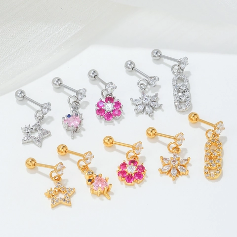 Stainless Steel Post Copper Cubic Zirconia Piercing Stud Earrings For Women Cute Dog Star Snowflake Heart Pendant Jewelry