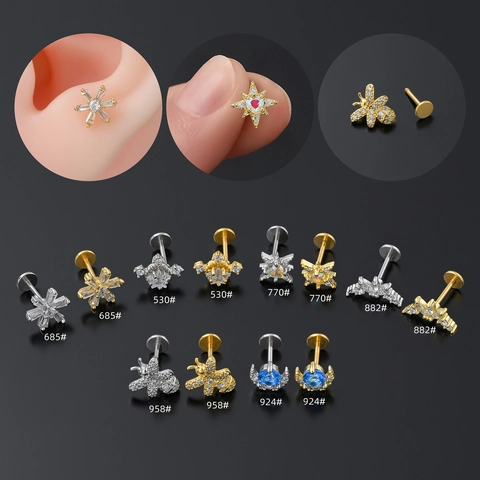 Orecchini Labret in Acciaio Inossidabile con Retro Piatto per Donna Ottone Placcato Oro 18K Zirconia Opale Ape Stella Luna Gioielli