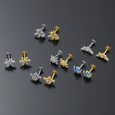 Orecchini Labret in Acciaio Inossidabile con Retro Piatto per Donna Ottone Placcato Oro 18K Zirconia Opale Ape Stella Luna Gioielli