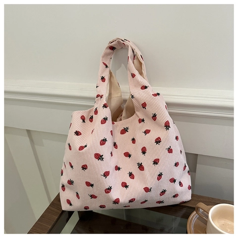 Sac À Épaule En Velours Côtelé Femmes Grande Capacité Imprimé Fraise Sac À Main Fourre-Tout