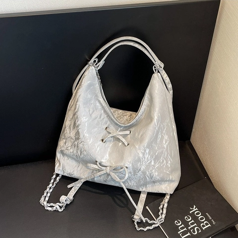Damen Hobo Tasche Aus Falten PU Leder Mit Schnürung Schleife Dekor Große Kapazität Schultertasche Metallkette