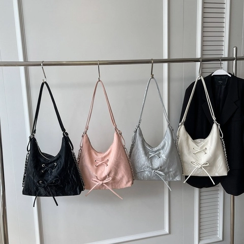 Damen Hobo Tasche Aus Falten PU Leder Mit Schnürung Schleife Dekor Große Kapazität Schultertasche Metallkette
