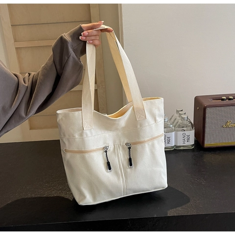 Canvas Tote Bag Grote Capaciteit Meerdere Ritszakken Vintage Retro Casual Schoudertas Voor Vrouwen Meisjes