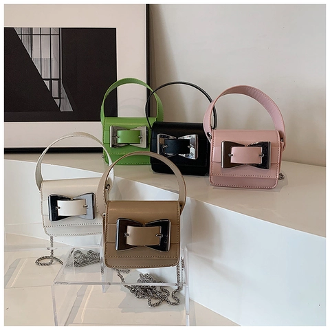 Women Fashion PU Leather Mini Square Bag Large Silver Buckle Handbag With Detachable Chain Strap Crossbody Shoulder Bag