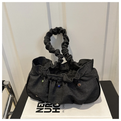 Women Retro Ruched Denim Shoulder Bag Colorful Beads Pleated Lucky Bucket Bag Casual Tote Handbag Streetwear Fashion Bag