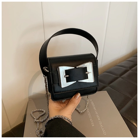 Women Fashion PU Leather Mini Square Bag Large Silver Buckle Handbag With Detachable Chain Strap Crossbody Shoulder Bag