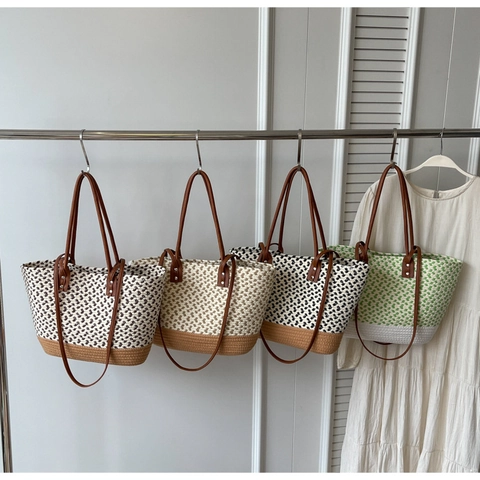 Borsa Tote Intrecciata Grande Capacità Stile Paglia Borsa A Spalla Donna Estate Spiaggia Vacanze Casual Retrò Pastorale Manico PU