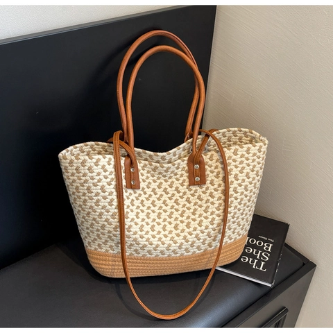 Borsa Tote Intrecciata Grande Capacità Stile Paglia Borsa A Spalla Donna Estate Spiaggia Vacanze Casual Retrò Pastorale Manico PU