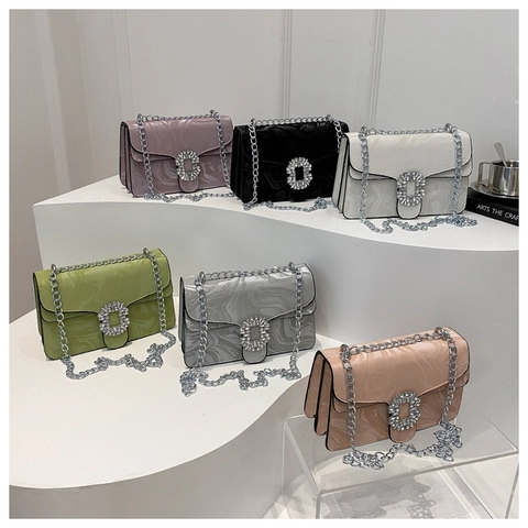 Marble Texture PU Leather Crossbody Bag Elegant Rhinestone Buckle Small Square Shoulder Bag With Silver Chain For Women Vintage Style